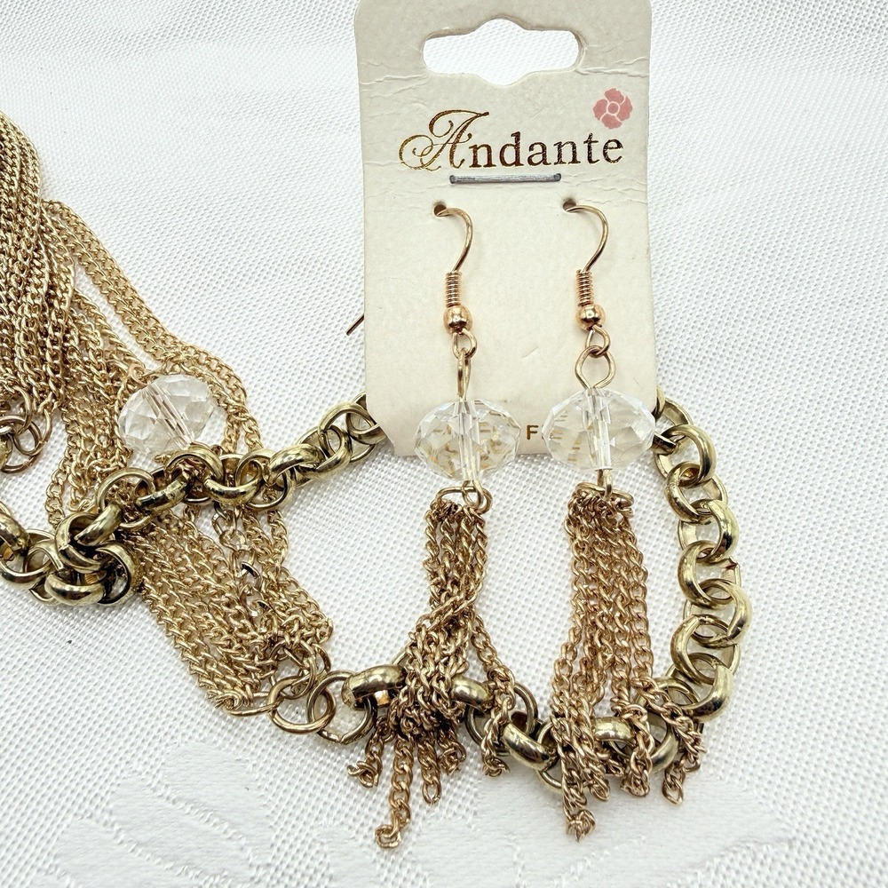 Andante Deco Style Gold Tone Chain & Glass Crystal Bead Necklace & Earrings